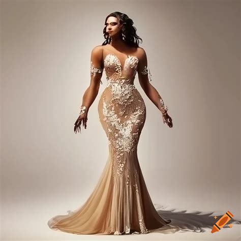 Champagne Gold mermaid gown wedding dress with intricate beading on Craiyon