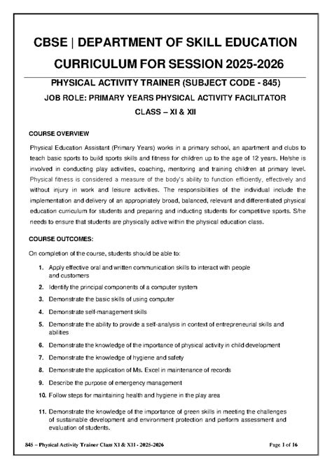 CBSE Curriculum for Physical Activity Trainer (Subject Code 845 ...