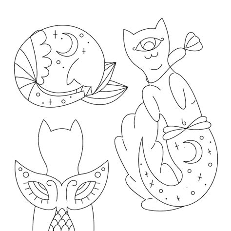 Cute mystical cats with different tails black and white outline ...