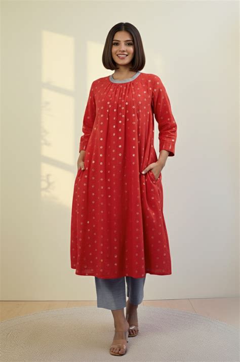 Cotton Gather Crew Neck Dress in Hues of Red with Silver Polka Dots ...