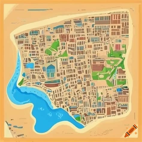 Arabic town map with a harbour and enormous tower