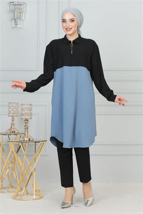 Blue Zipper Detailed Tunic - Modamihram | ElbiseBul
