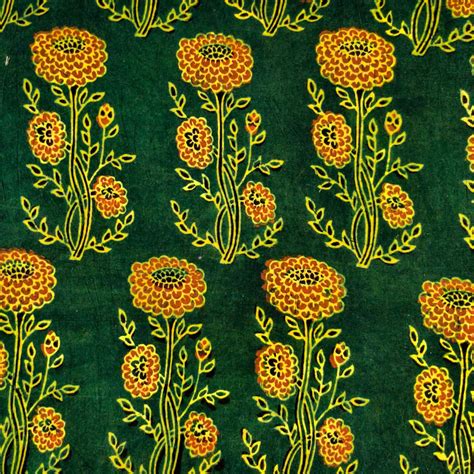 Pure Cotton Ajrak Green With Long Genda Phool Plant Hand Block Print b ...
