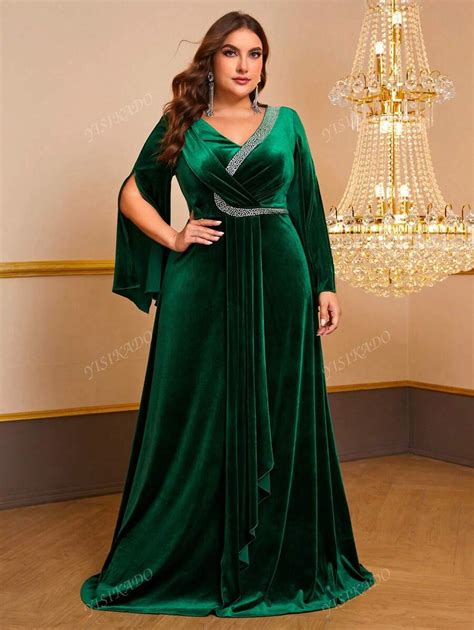 YISIKADO Plus Rhinestone Detail Split Sleeve Velvet Formal Dress ...