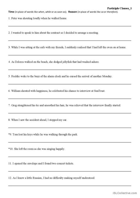 Image result for Participle Clauses Exercises