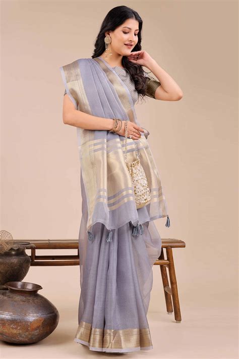 Soft Grey Organza Saree with Detailed Zari Woven Edging