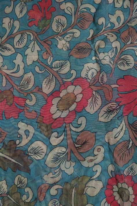 Red And Cream Floral Digital Print On Rama Organza Fabric