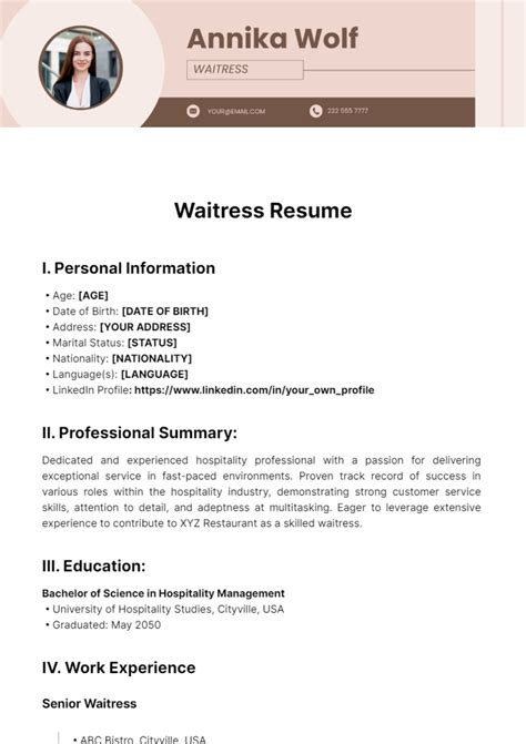 Free Waitress Resume Template to Edit Online