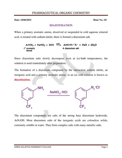 Organic chemistry - Date: 24/06/2021 Hour No.: 83 DIAZOTISATION When a ...