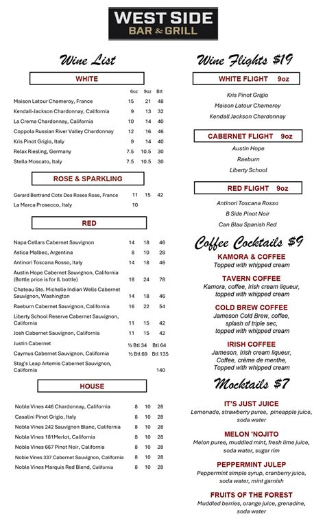 Menu | Westside Bar & Grill