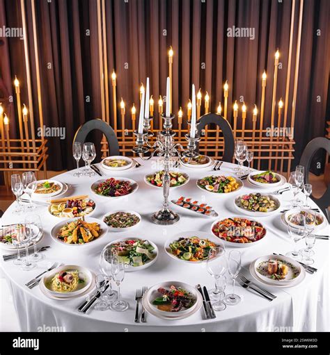 Elegant dinner table with gourmet dishes and candlelight Stock Photo ...