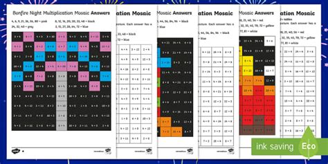 Bonfire Night Times Tables Maths Mosaics Differentiated Worksheets