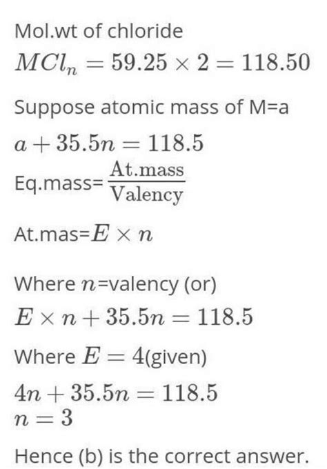 The eq mass of an element is 4 its chloride has a vapour density ...