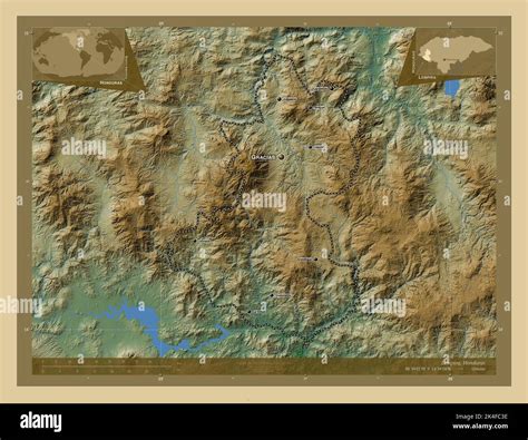 Lempira, department of Honduras. Colored elevation map with lakes and ...