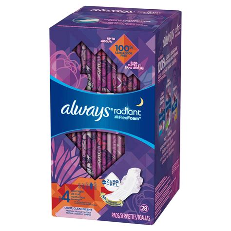 Always Radiant Overnight Sanitary Pads with Wings - Scented - Size 4 - 28ct