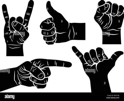 Hand gestures and signs. Shaka sign, male fist, a hand showing symbol ...