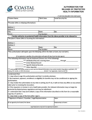 Coastal Spine And Pain Center Authorization For Release Of Protected ...