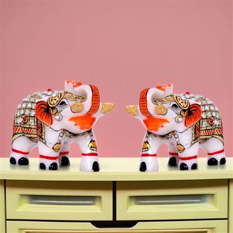 KRAFTSKALA Marble Elephant Showpiece Set of 2 Statues 2x3 inch Home ...
