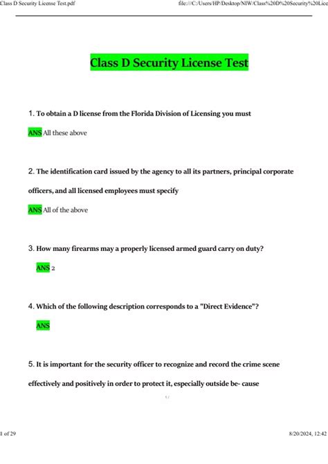 CLASS D Security License Test | 2024 Exam Questions and Answers | Latest Version Verified 100% ...