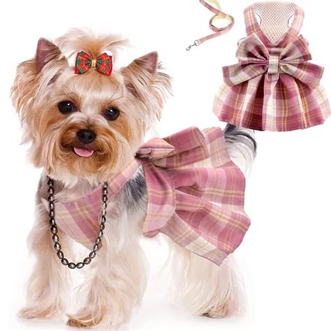 Plaid Dog Dress Harness with Leash Set, Puppy Dresses for Small Medium ...