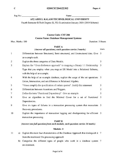 CST 204 Final Exam Question Paper - Database Management Systems - Studocu