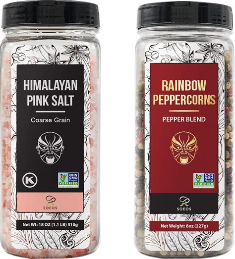 Soeos Himalayan Pink Salt and Rainbow Peppercorn Grinder Refills, 18oz ...
