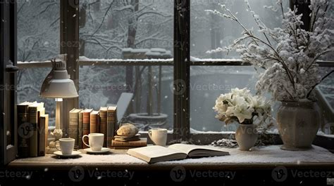 Cozy winter scene. Coffee, open book, and plaid on vintage windowsill ...