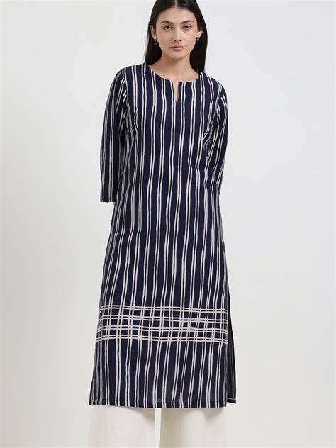 Buy Navy Blue Cotton Striped Straight Kurta Online | Pink Fort