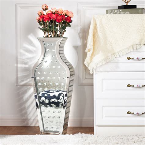 Glam Living Room Decor - Large Silver Glass Floor Vase with Mirrored ...