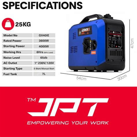 JPT GENWORX 4000W Inverter Generator, 3600W Rated, Portable Petrol Gen