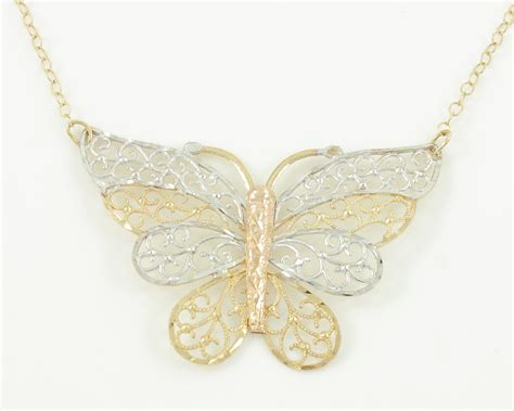 Vintage 10K TriColor Gold Butterfly Necklace, 1990s 10K Filigree ...