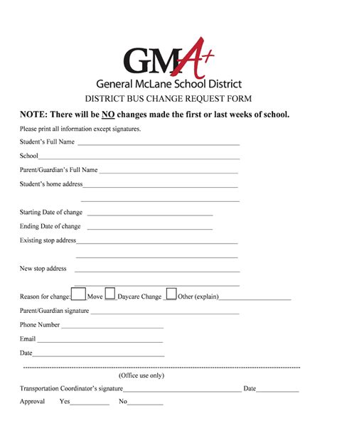 District Bus Change Request Form - Blank Fillable Template | Fill Out ...