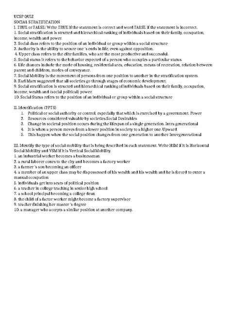 UCSP QUIZ - For lecture only - UCSP QUIZ SOCIAL STRATIFICATION I. TRUE ...