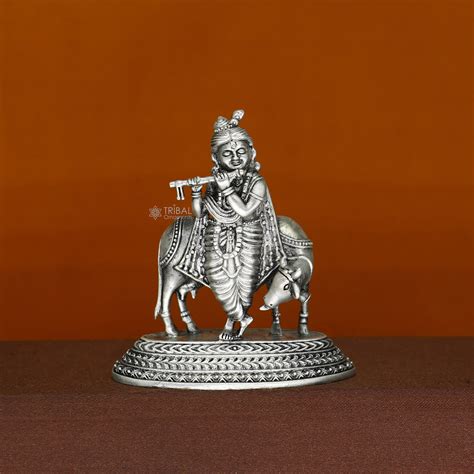 925 Sterling silver handmade design Indian Idols Lord krishna with cow ...