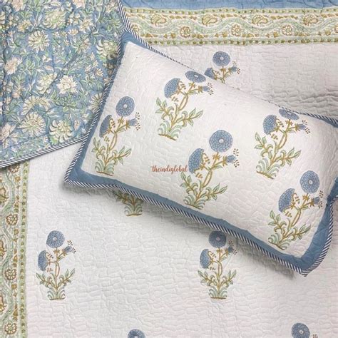 Noor Reversible Hand Block Printed Quilted Cotton Bedcover with Two Pi ...