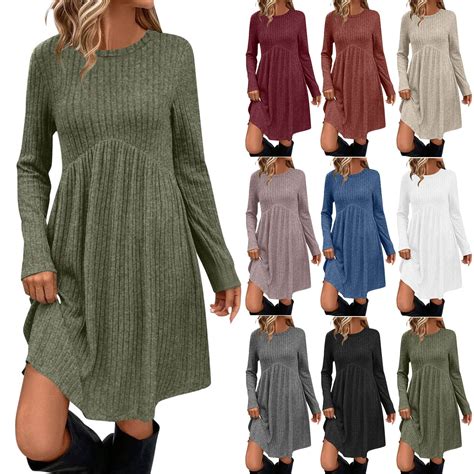 Horkkom Long Sleeve Sweater Dress for Women Crewneck Solid Color Fall ...