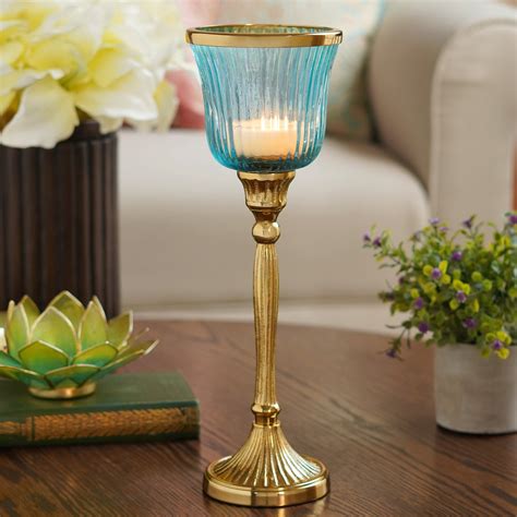 Blue Glass Ribbed Hurricane Candle Holder - Large