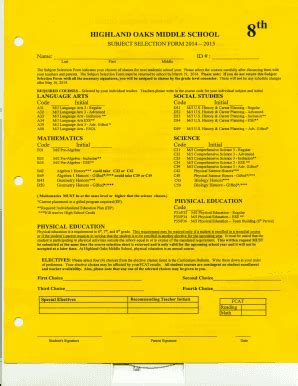 Fillable Online hom dadeschools SUBJECT SELECTION FORM 2014 - 2015 ID ...