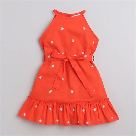 Shop Floral Embroidered Halter Neck Dress With Tie-Up Belt - Orange ...