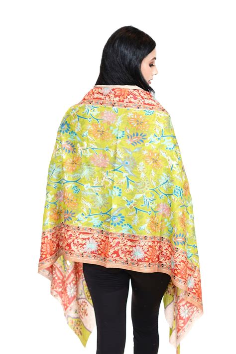 Heritage Embroidered Printed Stole for Women - Lime Yellow