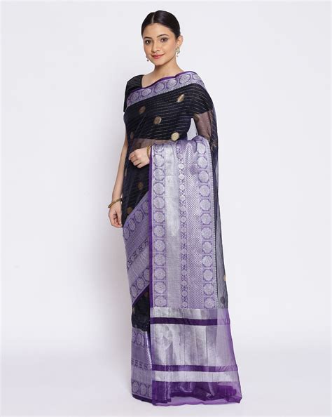 Navy Blue Organza Silk Blend Zari Booti Banarasi Saree ...