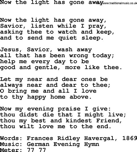 Book of Common Praise Song: Now The Light Has Gone Away, lyrics, midi ...