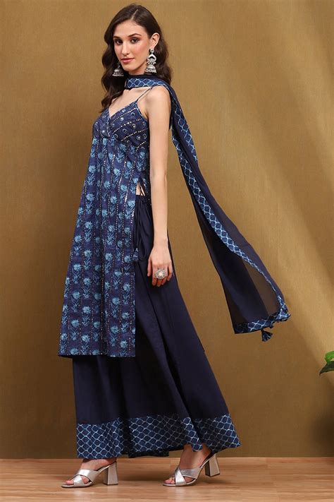 Buy Indigo Cotton Floral Mirror Work Straight Suit Set Online at Biba India
