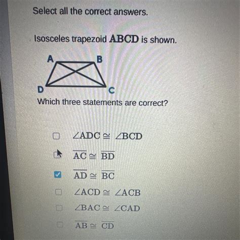 Select all the correct answers. Isosceles trapezoid ABCD is shown ...