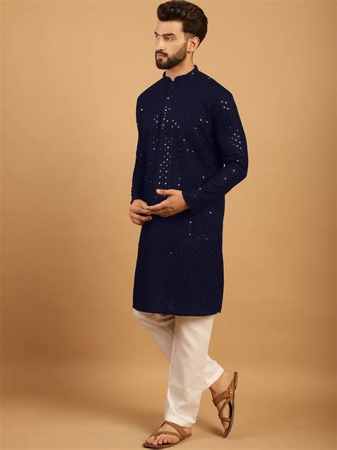 Embellished Sequinned Chikankari Embroidered Navy Blue Kurta Pajama Se ...