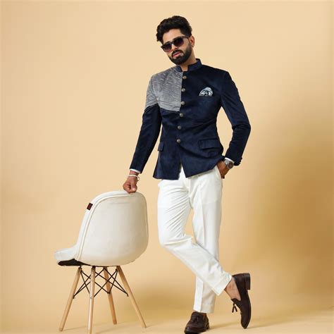 Beautiful Aari Work Royal Navy-Grey Bandhgala in Silky Smooth Velvet F ...