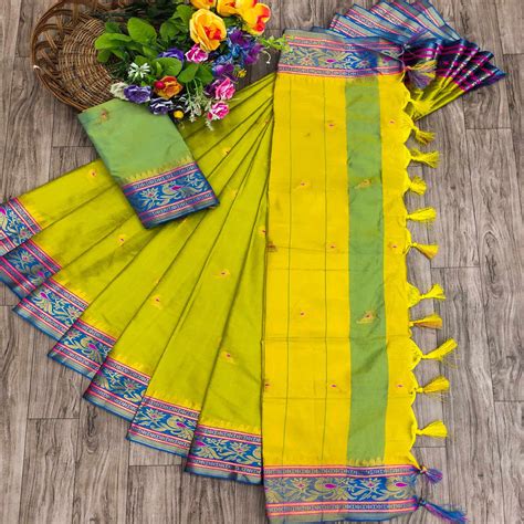 Lemon Green Butti Work Woven Cotton Silk Saree