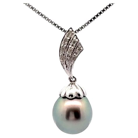 Pearl Diamond Pendant Necklace, 14K White Gold at 1stDibs