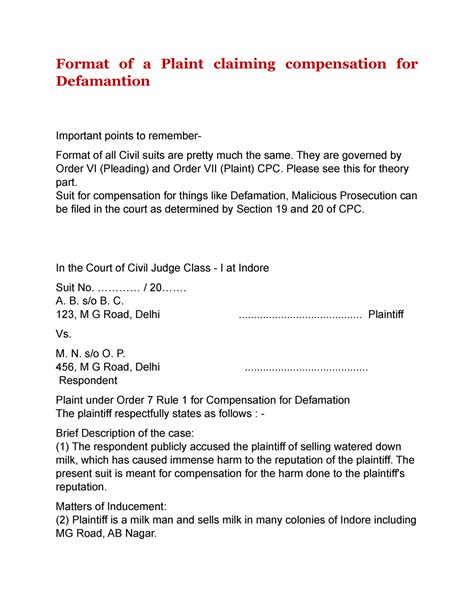 Format of a Plaint claiming compensation for Defamantion - Format of a ...