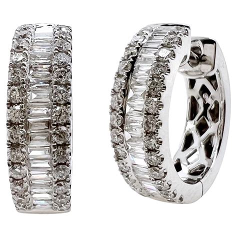 18k White Gold Diamonds Huggie Earrings with Baguettes and Round ...